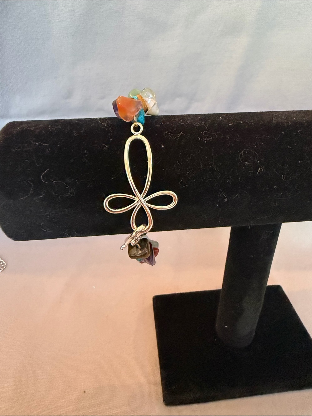 Multicolor Chip Stone Bracelet With Silver Cross Clasp Vintage Boho Chic